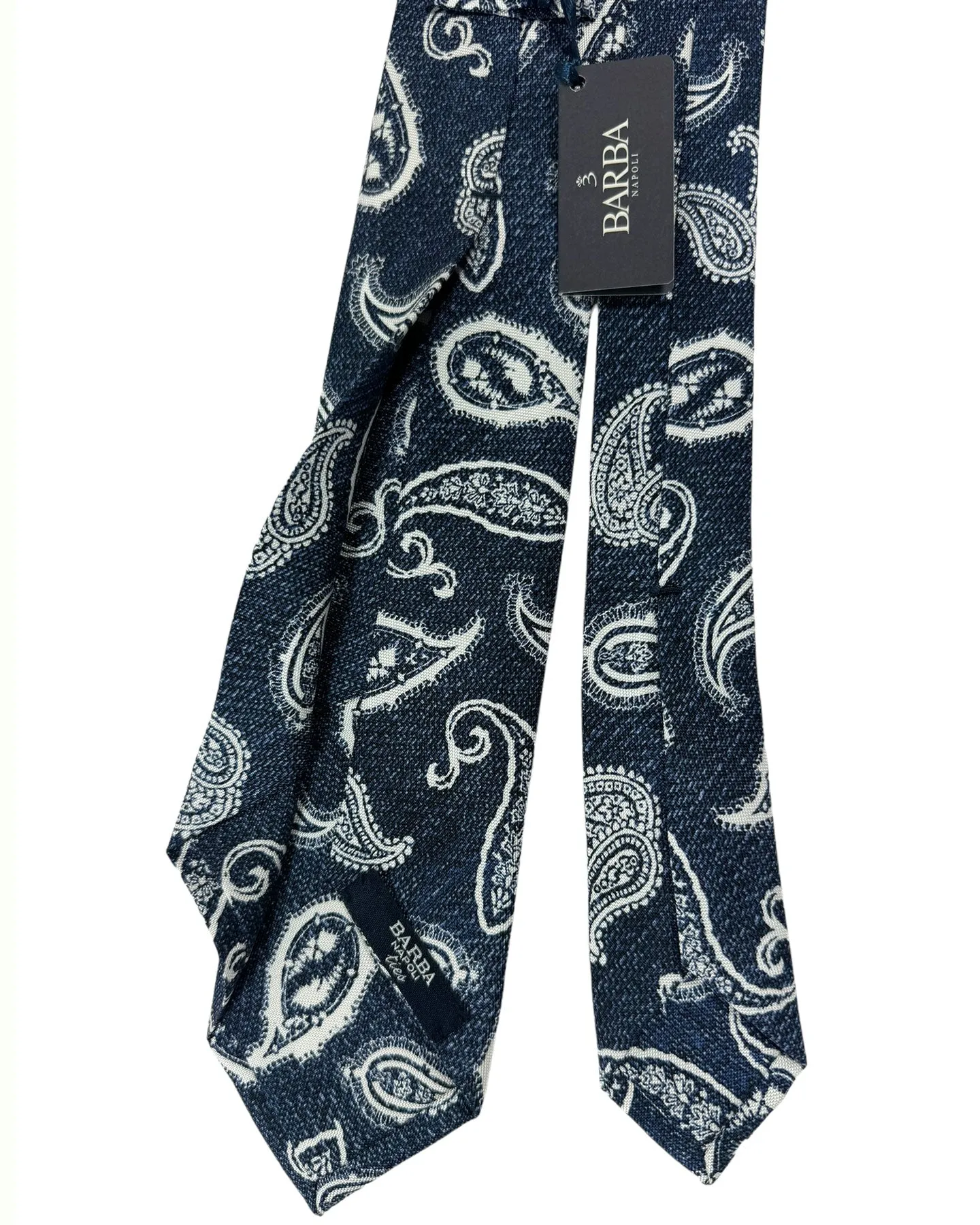 Barba Sevenfold Tie Dark Blue White Paisley Design - Sartorial Neckwear