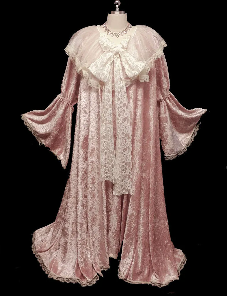 NEW WITH TAG - EXQUISITE VICTORIAN-LOOK PINK PANNE VELVETEEN DRESSING GOWN ROBE ADORNED WITH VENETIAN CHANTILLY LACE WITH GORGEOUS JULIET BELL SLEEVES – SIZE SMALL – WOULD MAKE A FABULOUS GIFT!