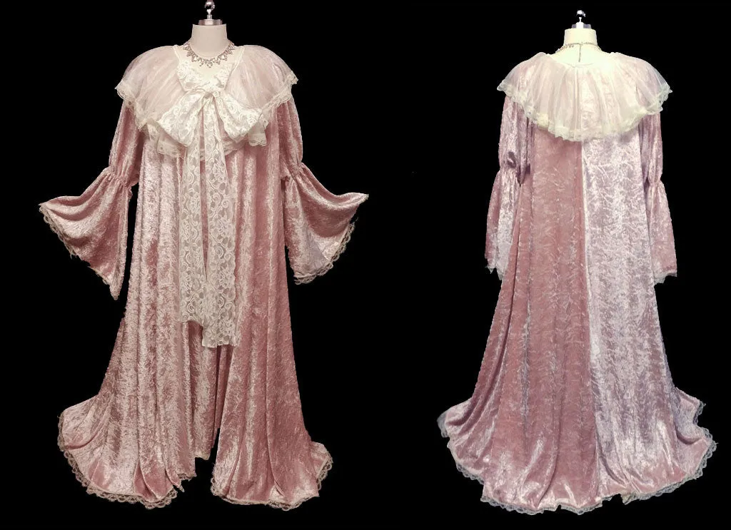 NEW WITH TAG - EXQUISITE VICTORIAN-LOOK PINK PANNE VELVETEEN DRESSING GOWN ROBE ADORNED WITH VENETIAN CHANTILLY LACE WITH GORGEOUS JULIET BELL SLEEVES – SIZE SMALL – WOULD MAKE A FABULOUS GIFT!