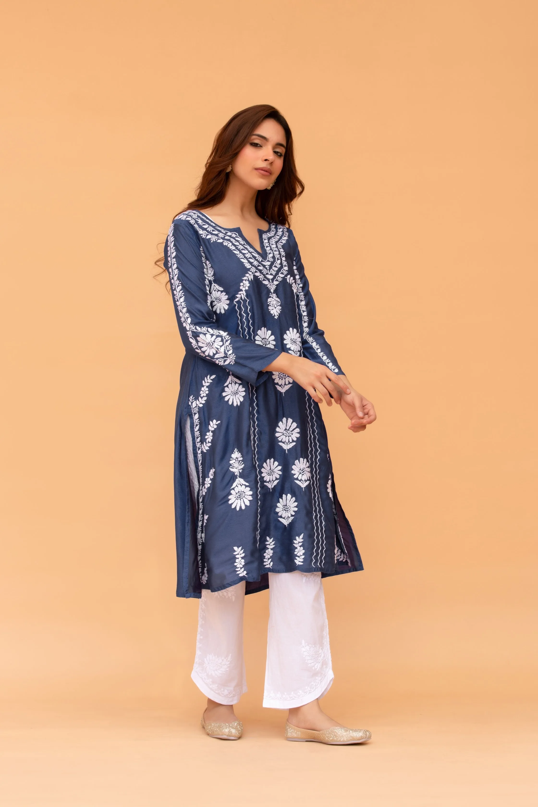 Saba Chikankari Long Kurta in Barfi Silk - Navy Blue